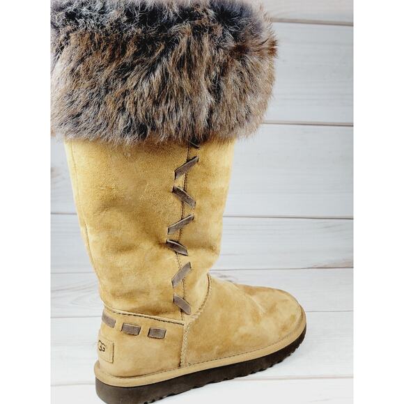 UGG Boots Australia Rosana Fur Cuff Style 1008044 Chestnut Wool Brown Boots Sz 7 - Picture 15 of 16